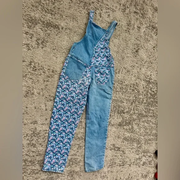 Vintage 90s Floral Denim Overalls Youth L / XXS Cottagecore - Picture 5 of 11